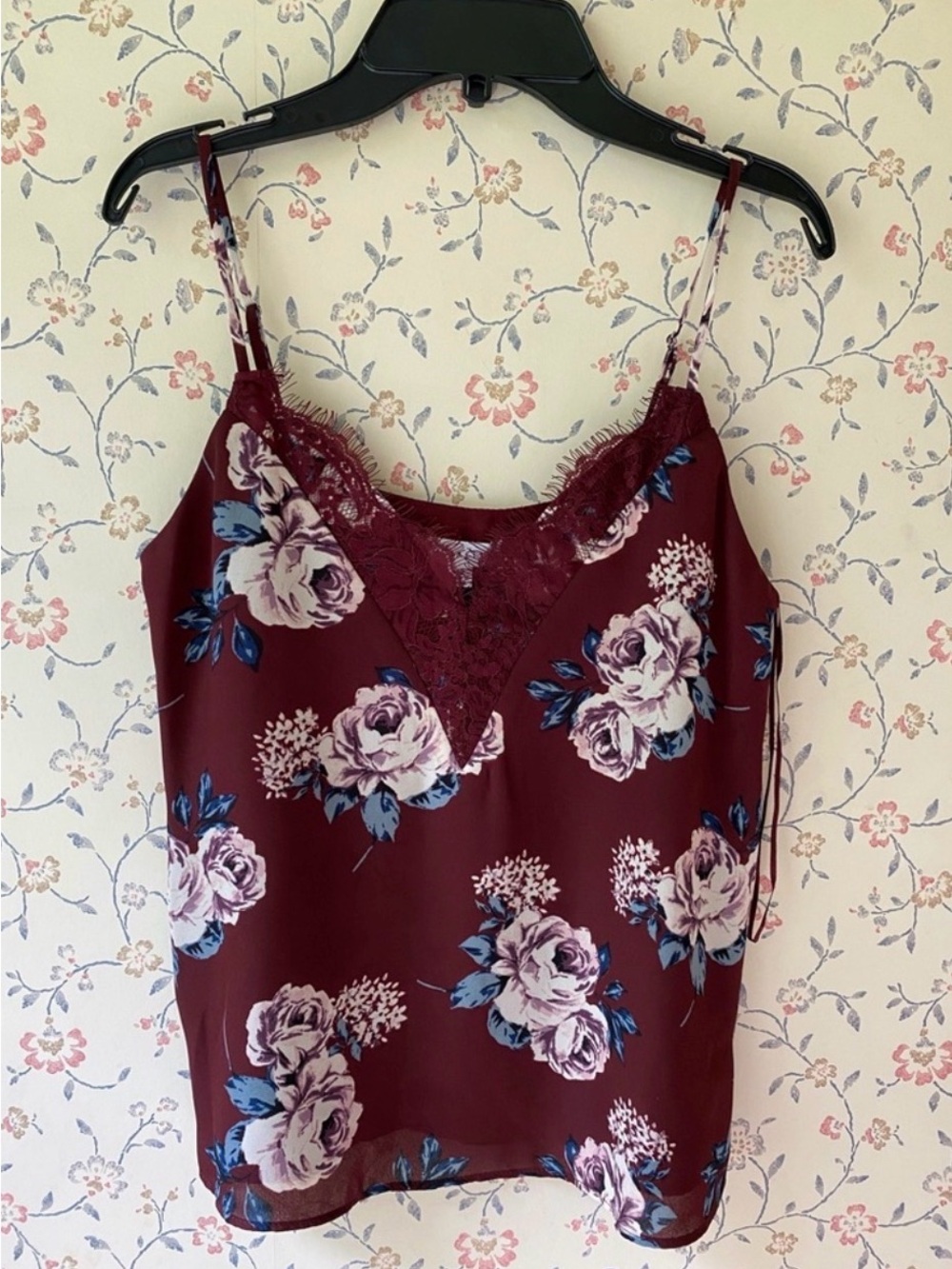 Socialite Burgundy Floral Lace-Trim Cami Top
